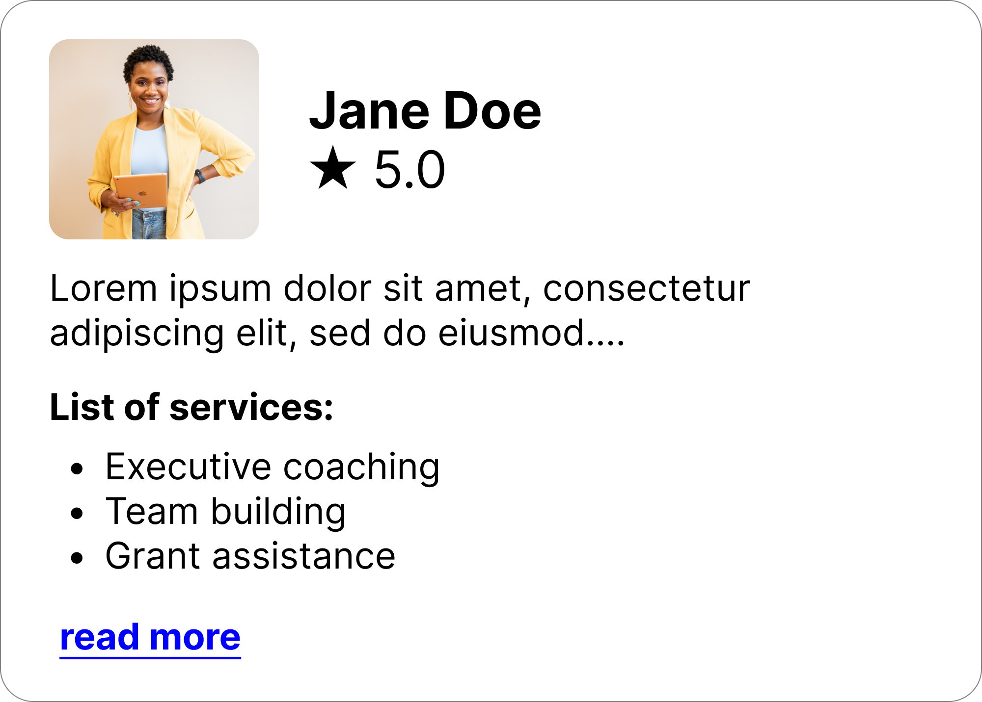 An image of a tile with a woman's photo, rating, bio, and list of services provided. The bio is too long, is truncated with an ellipsis, followed by a list of services. There is a "read more" link at the bottom of the tile